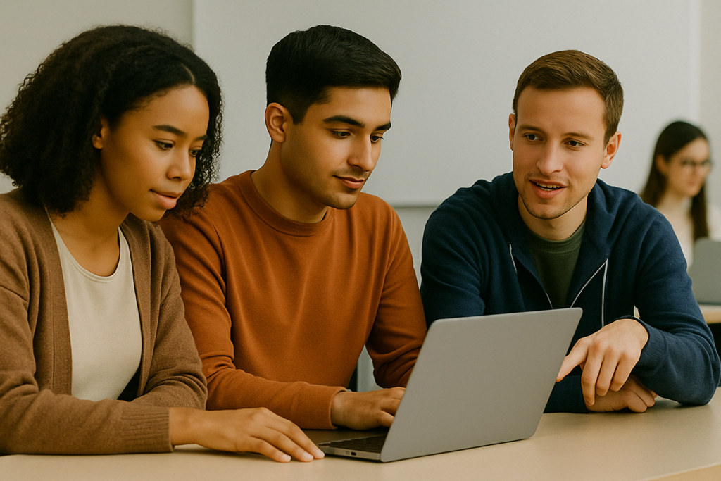 Students collaborating on laptops